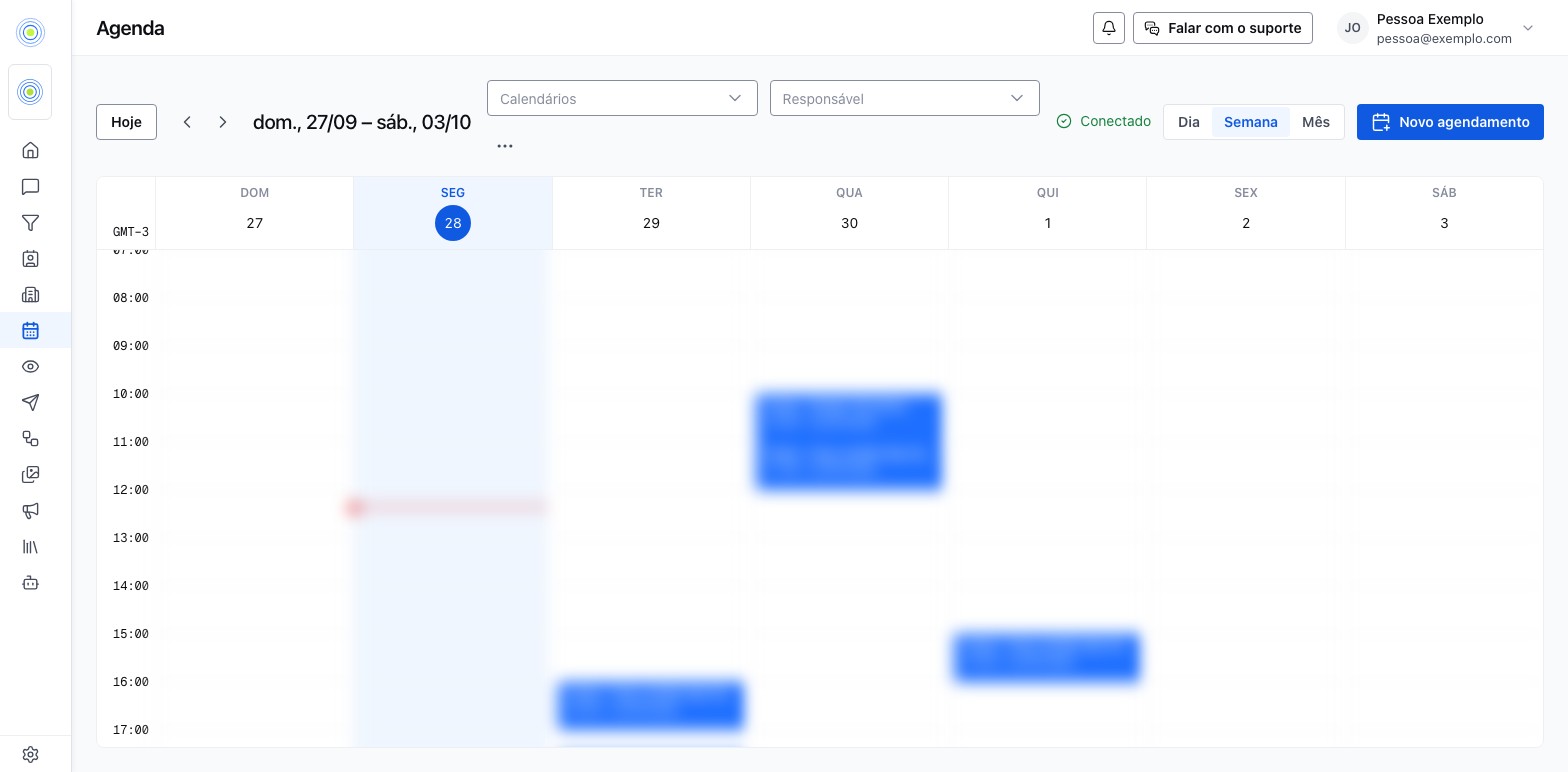 A tela de Agenda com os botões Hoje, Calendários, Responsável, as vistas Dia, Semana e Mês, o botão Novo agendamento e o fuso GMT-3