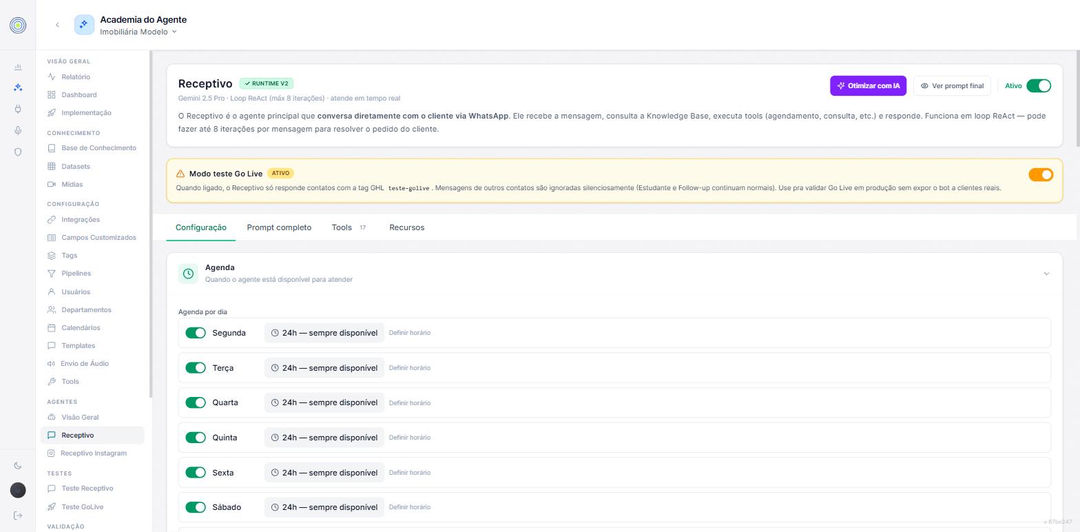 A tela do agente Receptivo, com o selo runtime v2, o modelo Gemini 2.5 Pro em loop ReAct, os botões otimizar com IA e ver prompt final, a faixa do modo teste Go Live, as abas configuração, prompt completo, tools e recursos, e a agenda com um interruptor por dia da semana