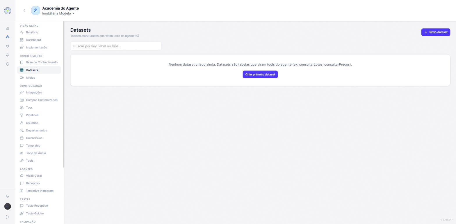 A tela de datasets vazia, com a explicação do que é um dataset, exemplos de nome de ferramenta, o botão criar primeiro dataset e a busca por key, label ou tool
