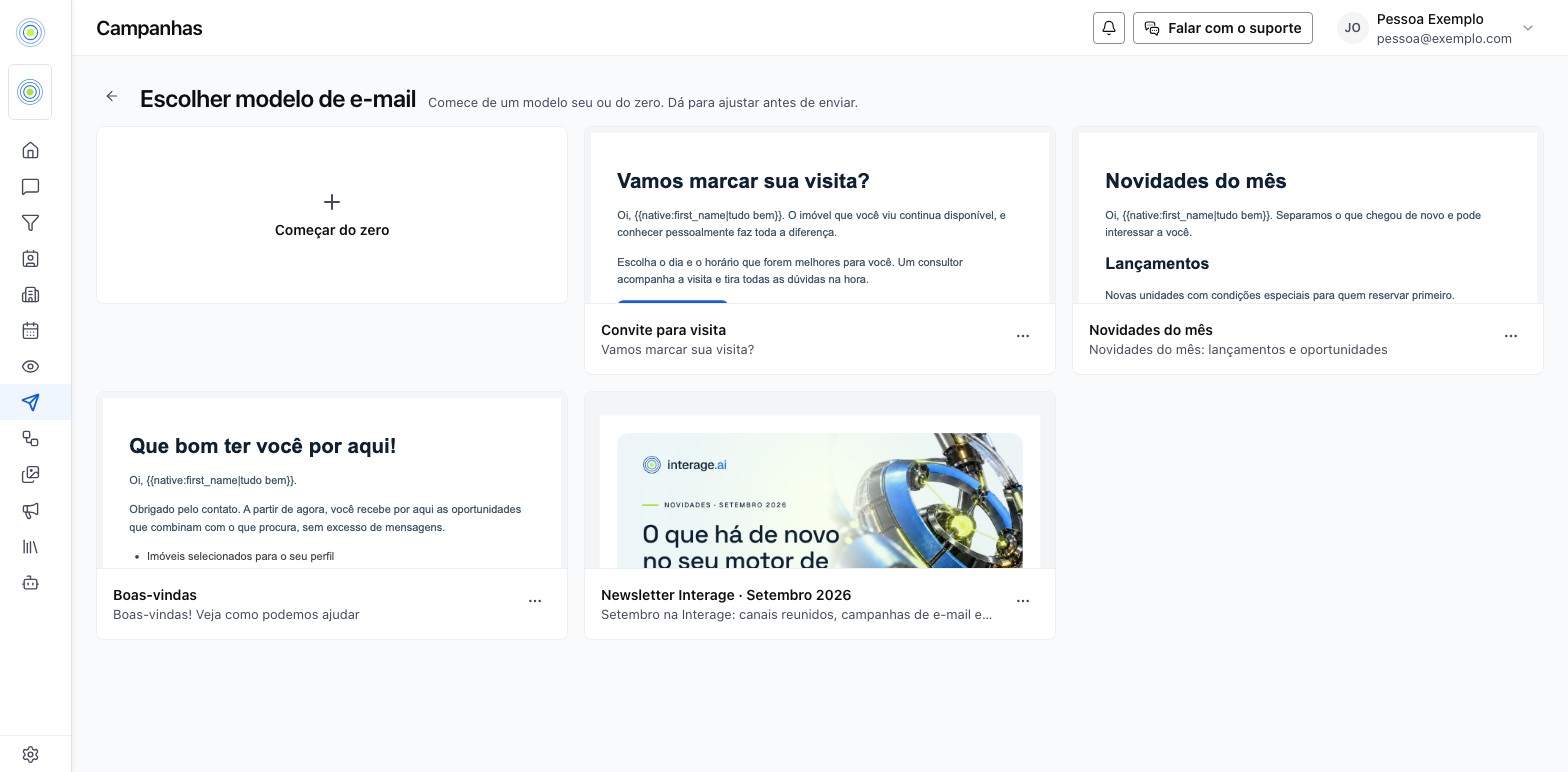A tela Escolher modelo de e-mail, com o cartão Começar do zero e os modelos da empresa em miniatura, cada um com o menu de ações