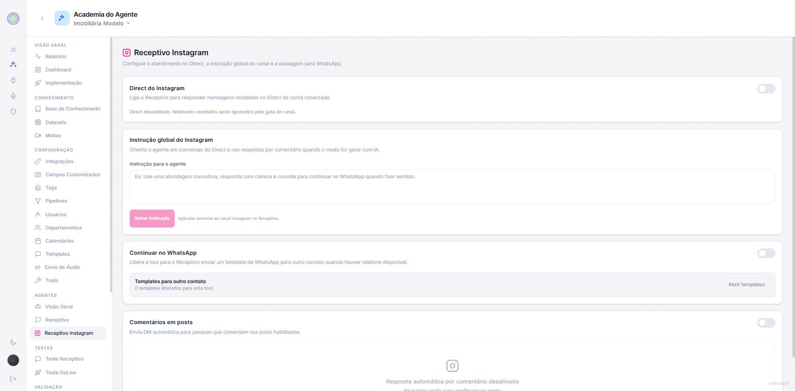 A tela de Receptivo Instagram, com os quatro blocos desligados direct do Instagram, instrução global do Instagram, continuar no WhatsApp com o contador de templates liberados, e comentários em posts