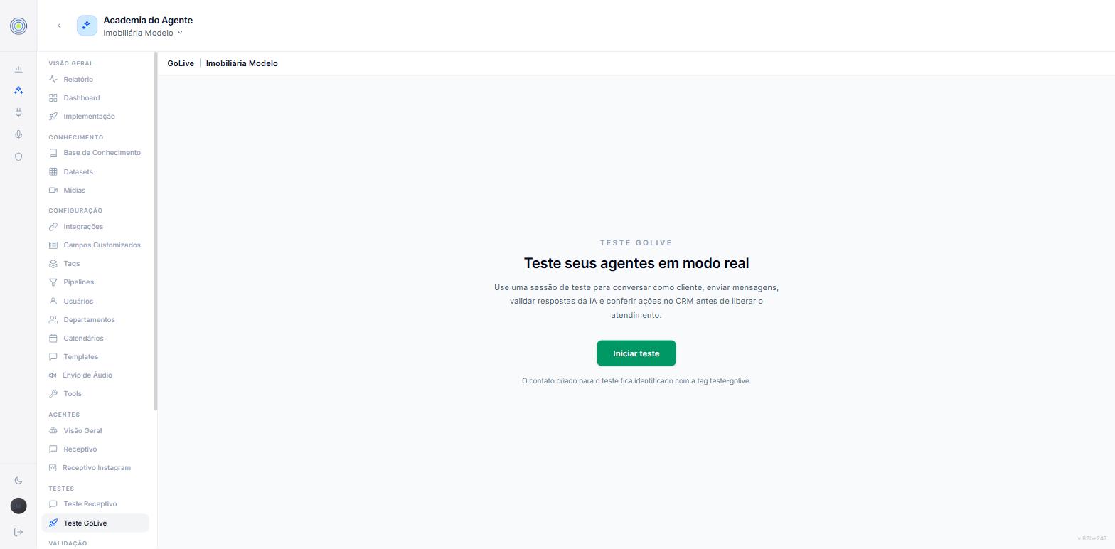 A tela inicial do teste de Go Live, com a explicação do que a sessão permite validar, o botão iniciar teste e a nota sobre a tag que identifica o contato de teste