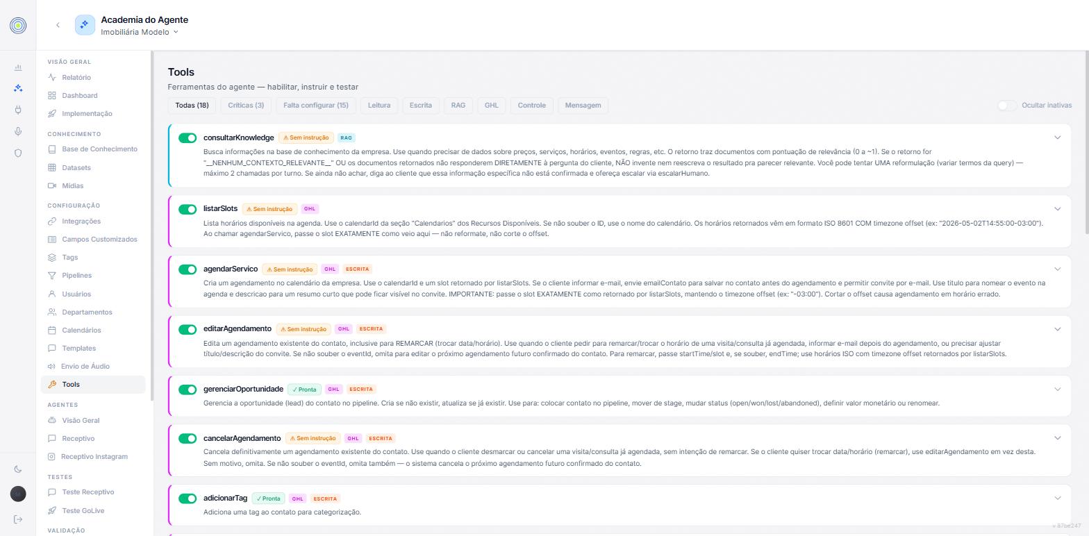 A lista de ferramentas com seus interruptores, os filtros por estado todas, críticas e falta configurar, os filtros por categoria e os selos de instrução em cada ferramenta